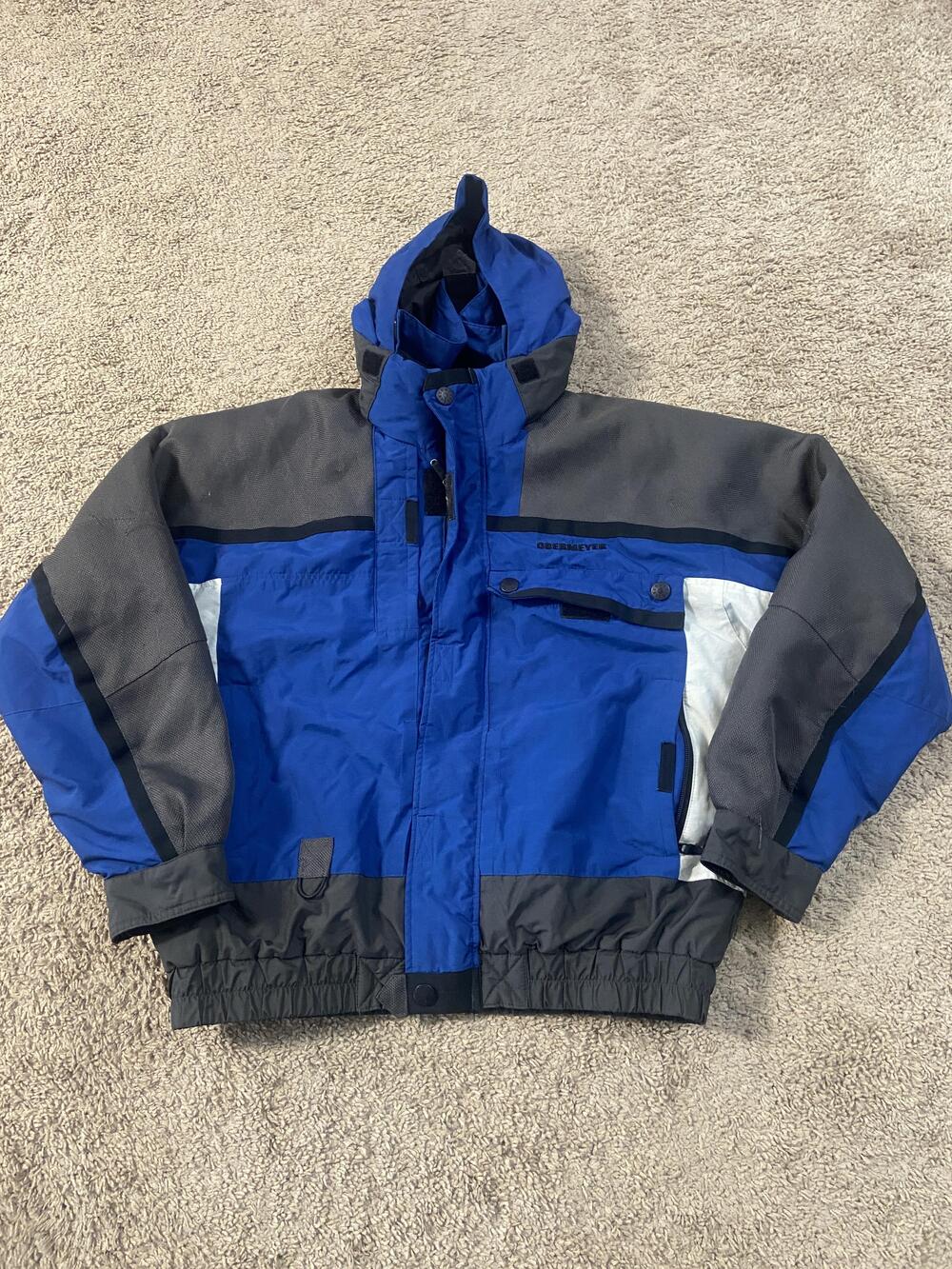 Obermeyer Jacket Mens Large Blue Gray Colorblock Hooded Ski Insulated Winter